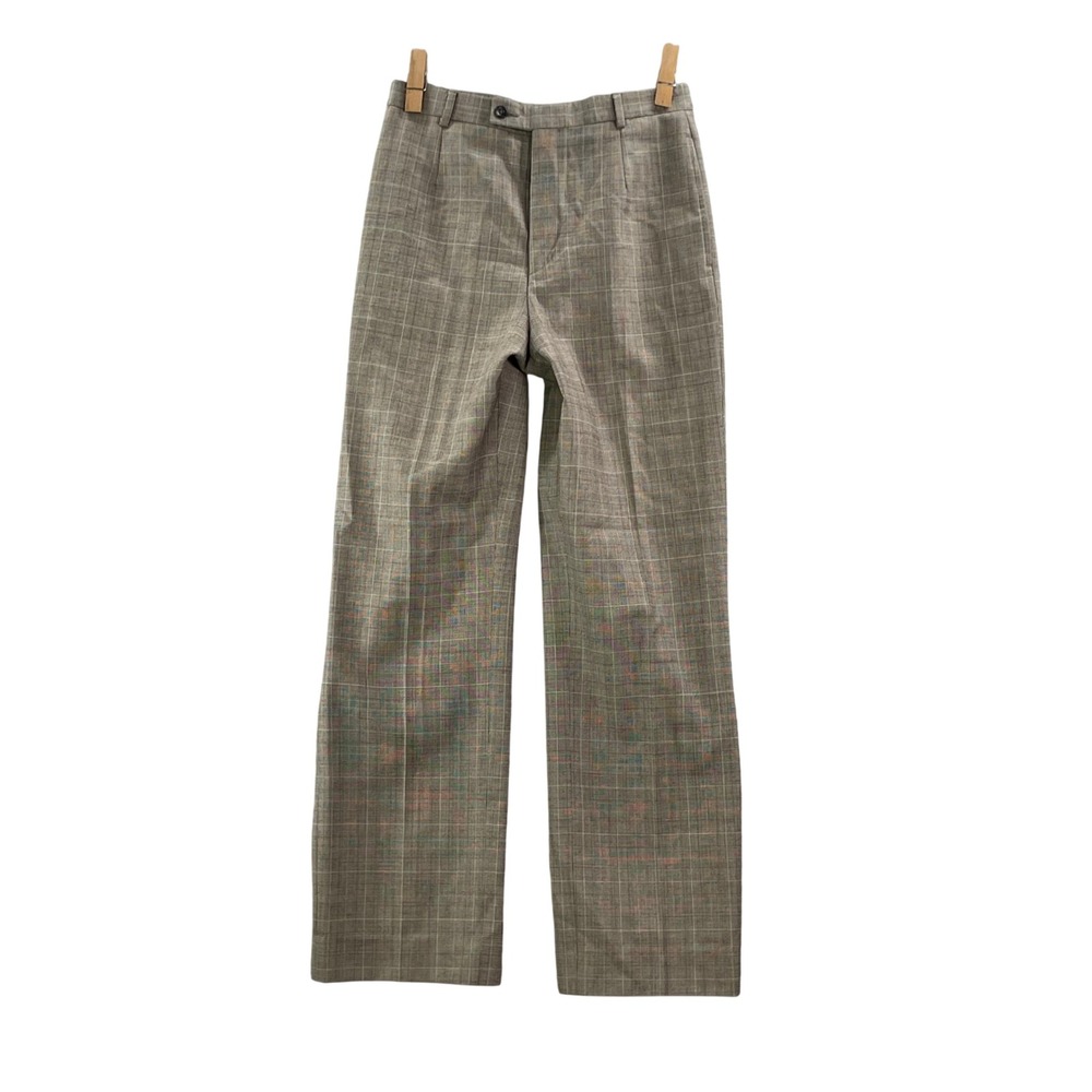 Barry Bricken Dress Pants Mens 4 Brown Glen Plaid 100% Wool Pleated Straight Leg